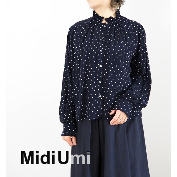 MidiUmi ミディウミ ドット柄フリルシャツ ipeker生地 レディース 4-730006