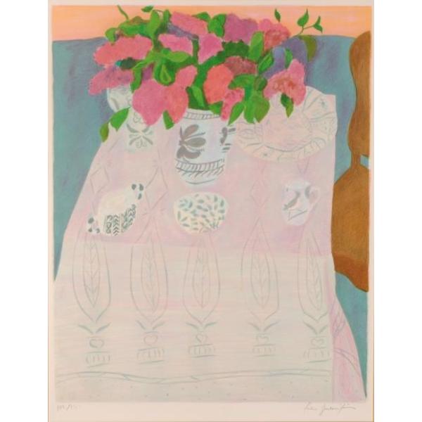 花 絵画 静物画 リトグラフ 版画 ピエール・ボンコンパン 「卓上の