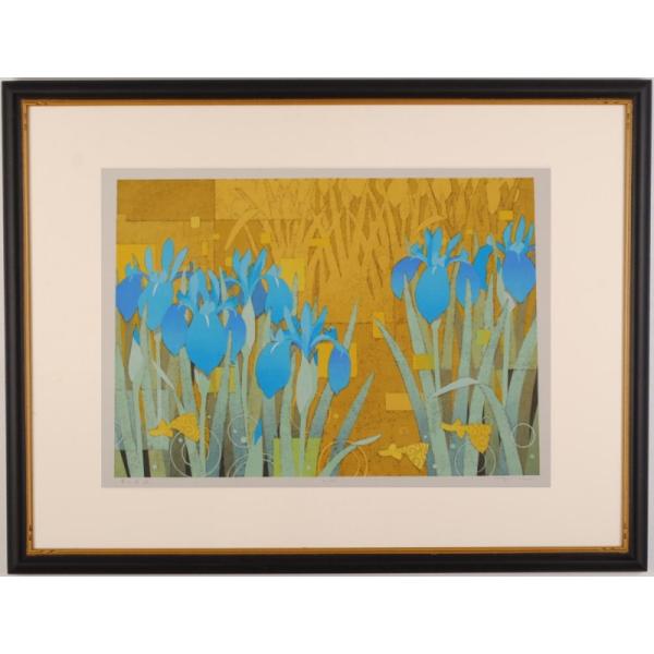 本荘正彦 青の回遊 花 絵画 カキツバタ 熱帯魚 インテリア 和風 絵 木