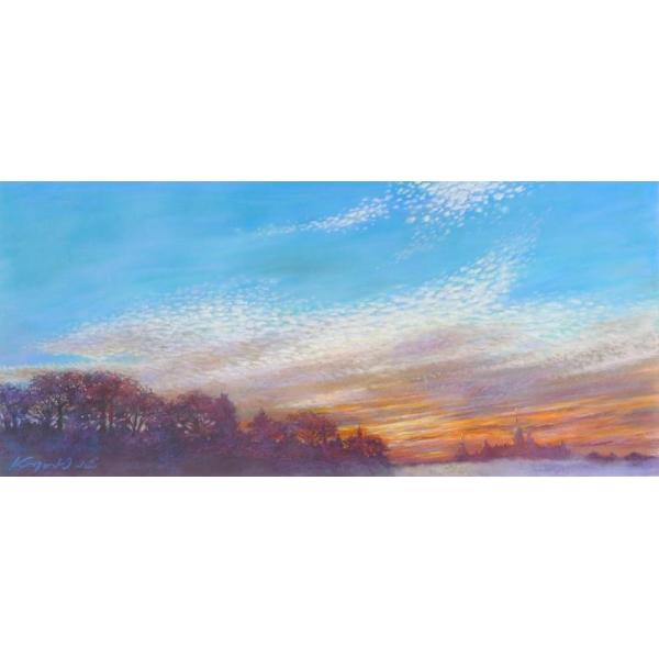 パステル画（原画）河のある風景・朝。 北欧 風景画 絵画 スウェーデン パステル画 石井清 「朝のカルマール城