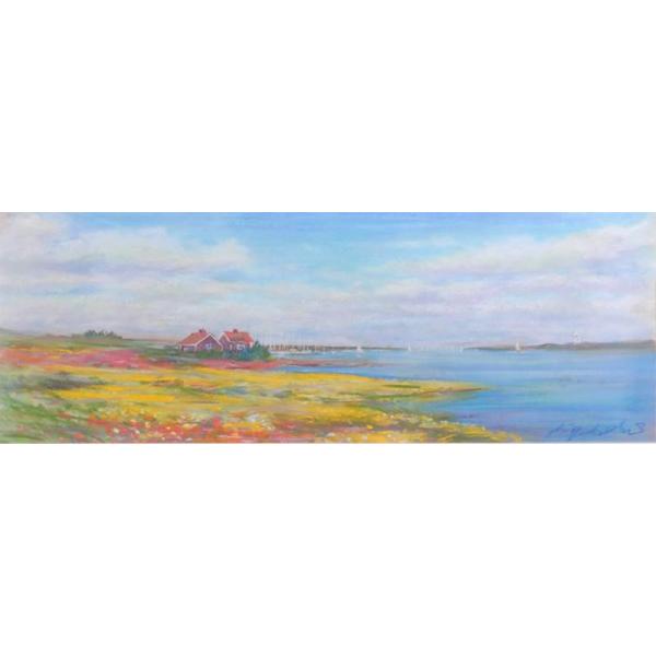 北欧 絵画 風景画 パステル画 石井清 「黄色い花の咲く島」 額付き