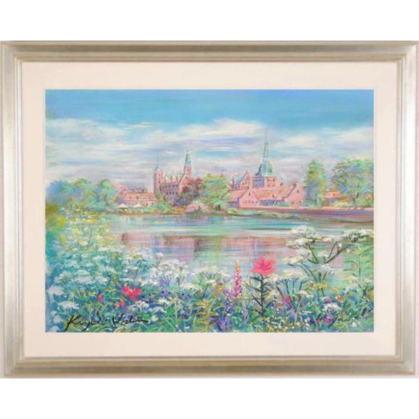 風景画 パステル画 白フレーム 日本製ソフトパステル、水彩画アートインテリア半切 デンマーク 絵画 風景画 北欧 絵 インテリア プレゼント