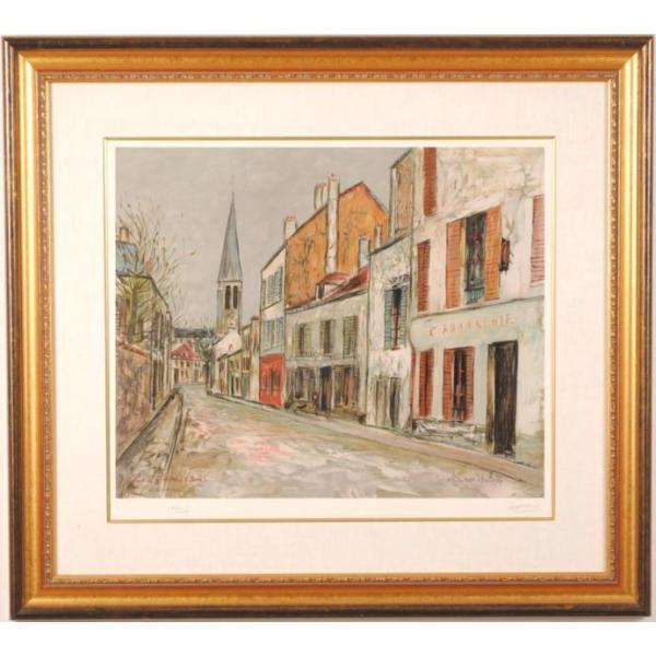 モーリスユトリロ リトグラフ 版画 村の風景 額入り フランス モーリスユトリロ リトグラフ 版画 村の風景 額入り フランス