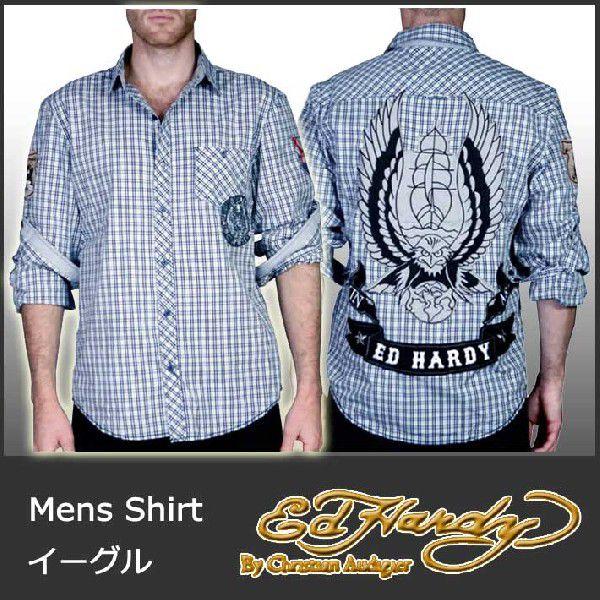 Ed Hardy（エド・ハーディー） シャツ メンズ 長袖 鷹&帆船/ブルー 青 