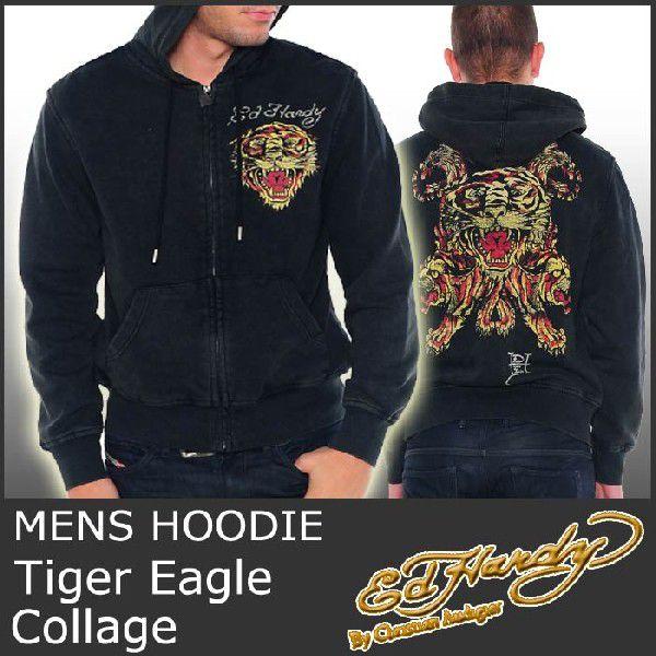 Ed Hardy（エド・ハーディー） パーカー メンズ 虎鷹コラージュ/黒