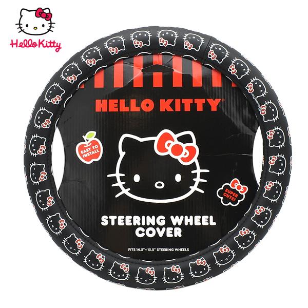 ハローキティ ハンドルカバー ブラック 総柄 ハロー キティ ステアリングカバー Hello Kitty キティ キティちゃん フェイス ステアリングホイールカバー