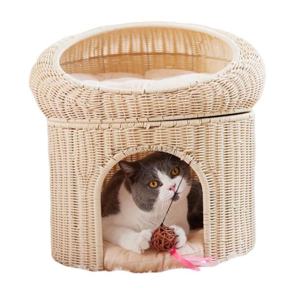 猫ハンギング ハウス 二層 ベッド クッション付き 猫小屋ラスチック藤編み キャット 通気性 通年利用 ラタンかご 洗濯可能 (オフホワイト)