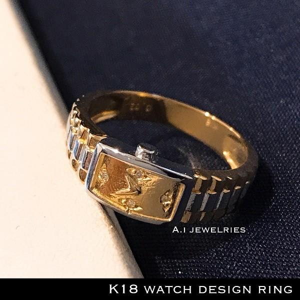 18金 リング 時計 k18 腕時計 デザイン リング 天然 ダイヤモンド付き 男女兼用 / k18 watch design ring with  diamond