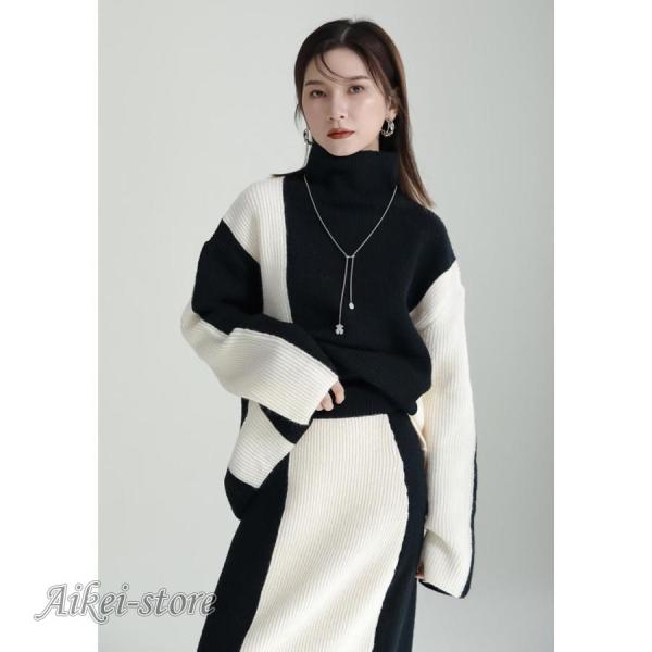 キーワード：セットアップ 2点セット 2色スプライス スカート ハイネック レディース ニットセット 無地 長袖 秋冬 ニット ゆったり 大きいサイズ 通勤 オシャレトップス スカート ゆったり ニットソー カットソー 大きいサイズ 無地 ...
