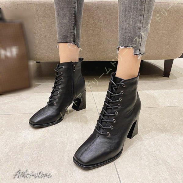 ショートブーツ ヒール 編み上げ レースアップ 編み上げブーツ レディース 本革 チャンキーヒール スクエアトゥ 無地 秋冬 袴ブーツ ホワイト 白 黒 歩きやすい aikei2016_fs-xz112748