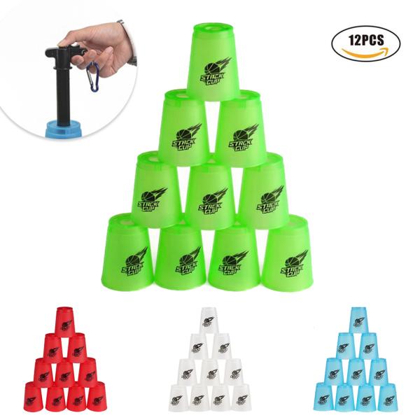 スタックスカップ 12個 スポーツスタッキング クリア 予約受付 Cyfie 手提げ棒 収納付 初心者向け 4色選択可 飛重ねカップ 競技用スピードスタック