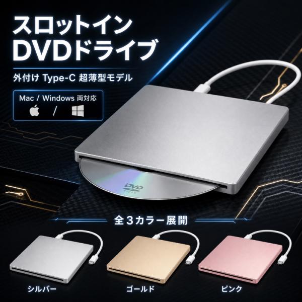 DVDドライブ 外付け Type-C 吸込み式 スロットイン CDドライブ Mac MacBook Pro Air iMac Windows11 10 8 7 読込 書込 リッピング スリム 新品