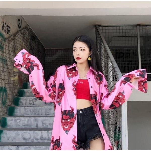 在庫限り鬼シャツ 長袖 ピンク パープル ロングシャツ ビッグ