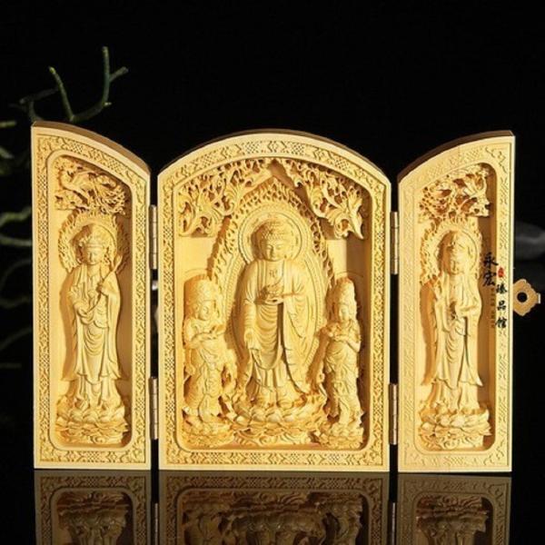 西方三聖 木製 木彫り 柘植彫刻 観音 木彫 縁起物 風水 置物