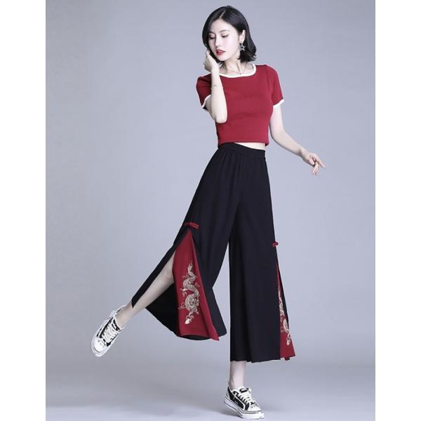 パンツ 龍刺繍 ドラゴン刺繍 ワイドパンツ 袴パンツ 龍 竜 ドラゴン