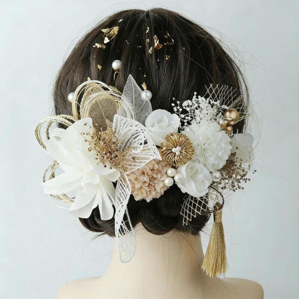 髪飾り 卒業式 成人式 水引 金箔 紐 ロープ 金 銀 ゴールド シルバー ヘアアクセサリー 花 ドライフラワー 前撮り 成人式前撮り 振袖 袴