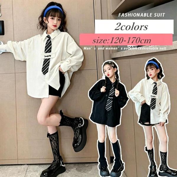 女の子 シャツ 入学式 ブラウス 白 長袖 フォーマル 綿 韓国 発表会 ネクタイ付き ダンス服 カジュアル お受験  学園祭 イベント 学生