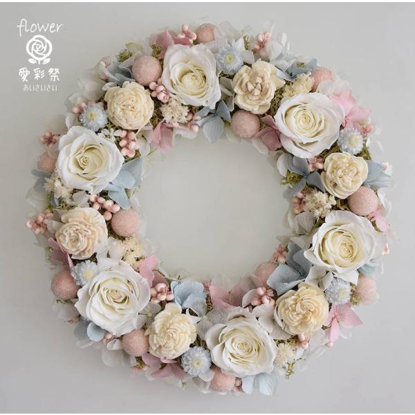 白いバラのプリザーブドフラワーリース 清楚系 ギフト プレゼント 誕生