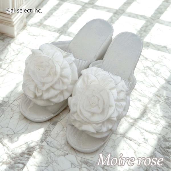 ヒールスリッパ モアレローズ ホワイト 前開き 4cm ヒール 室内 ギフト 薔薇 姫系 可愛い ルームシューズ 美脚 プレゼント 学校行事 kr gg mom
