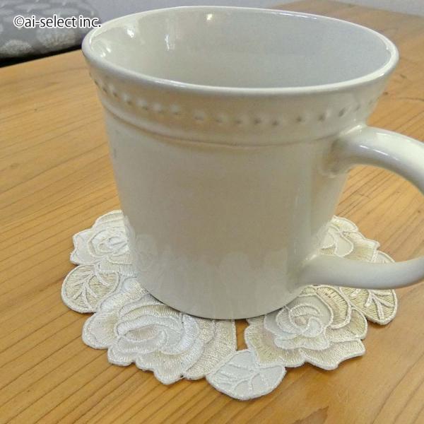 New コースター 撥水加工 コード刺しゅう 約12cm ローズ 薔薇 バラ ベージュ シャンパンカラー クリーム色 上品 ミニドイリー 花瓶敷き 小物置き