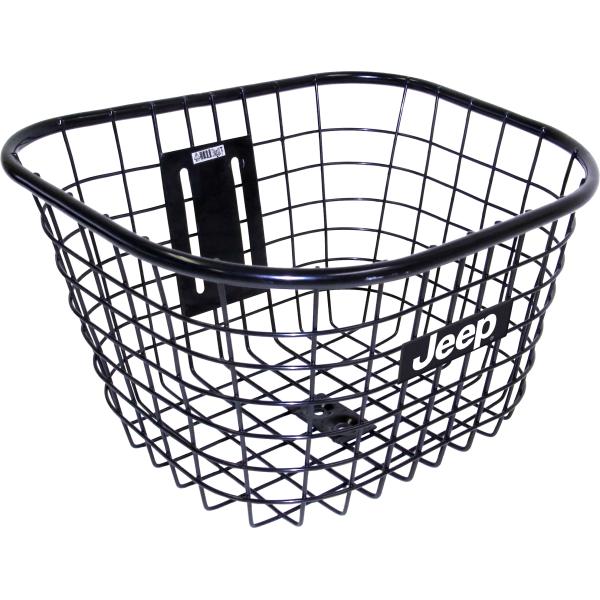 JE-206G専用の前カゴJeepロゴ入りブラックカラー一部に太目のワイヤーを使用することで頑丈さと力強さを兼ね備えたJeepに相応しい専用商品【商品情報】サイズ：前後290×幅345×高さ210mm材質：スチール製取付け用の金具付属