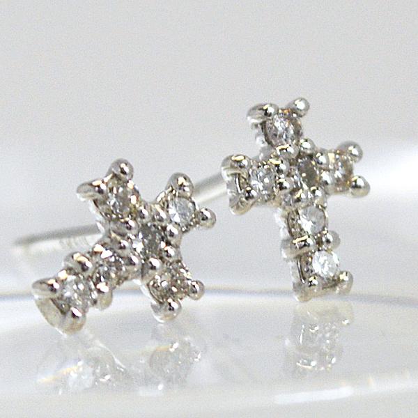 K14WG クロス ダイヤモンド ピアス 0.04CT 片耳 ○K14ホワイトゴールド  