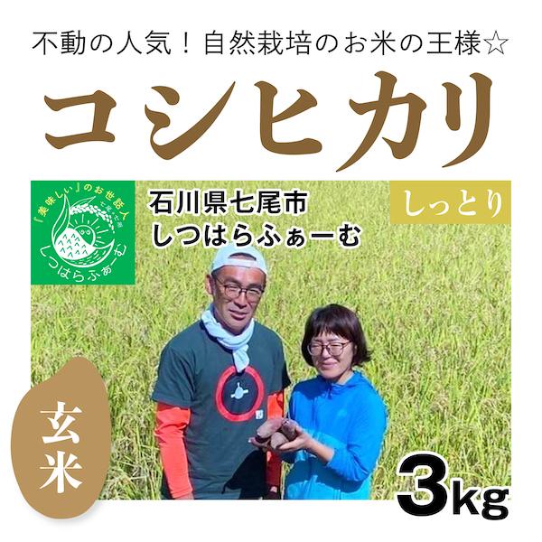 【自然栽培のお米】玄米3kg「コシヒカリ」(石川県七尾市)しつはらふぁーむ　自然栽培＠のと　米　お米　無施肥　自然栽培