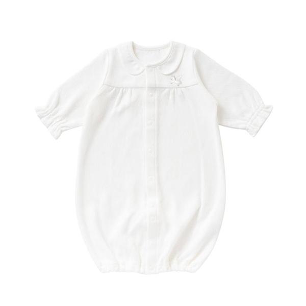 ペガサスのワンポイント刺繍が可愛い上品なデザインです。新生児ウエアの定番ドレスオールです。おむつ替えが頻繁な新生児期は筒型ドレスで、動きが活発になってくる乳児期は股割れカバーオールに。股スナップの付け替えで２ウエイに使えます。出産準備におす...