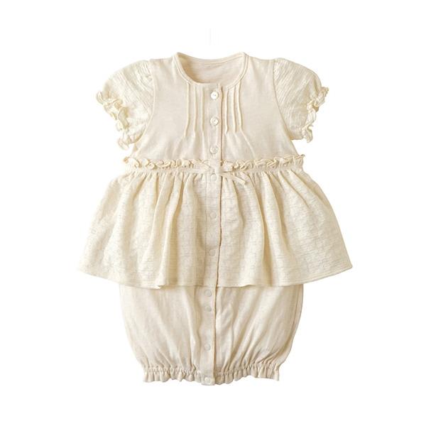 透かしの花模様が上品で繊細。退院着やお宮参りにもぴったりの2wayドレス。■デザイン・身生地にはきなり色のラフコット天竺を採用・袖、スカート部分には透かしで花模様が入っているジャガード生地を使い、繊細で上品な1枚に仕上げました・前身頃にはピ...