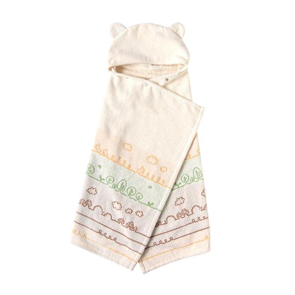 新生児から７歳頃まで、長く使えるフードつきバスポンチョ■デザイン・モコモコな耳とカラフルなボーダー柄がポイントです。・"poski(ポスキィ)"とはフィンランド語での「ホッペ」の意味。・首元のスナップは2段階で調節可能。0〜7歳まで長くお使...