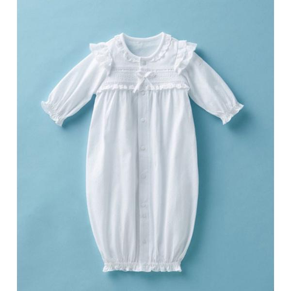 肩レースや胸元のモチーフがとっても華やかなツーウェイオールです透かし編みされた薄手の素材でオシャレ！！衿ぐりや肩まわり、胸元につけたレースは上品で清楚感たっぷり袖口と裾にゆるやかにギャザーをいれた可愛いシルエットです。生まれてから３ヶ月くら...