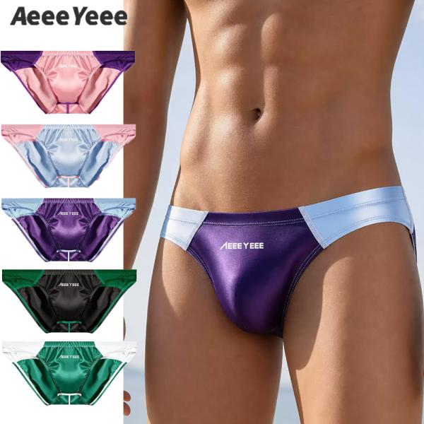 AeeeYeee メンズ ビキニ ブリーフ サテン シルクタッチ ローライズ 配色デザイン 光沢 立体ポーチ ストレッチ セクシー メンズ下着 快適