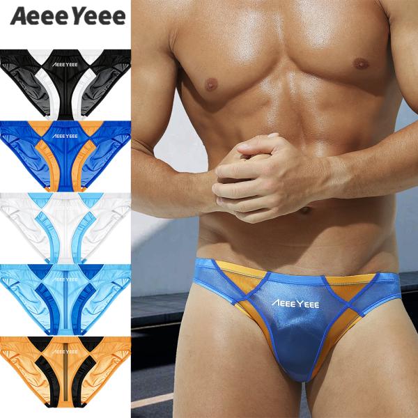 AeeeYeee メンズ ビキニ ブリーフ シースルー アイスシルク ローライズ 全透明 Uポーチ マイクロビキニ 超薄手 通気性 ストレッチ セクシー メンズ下着