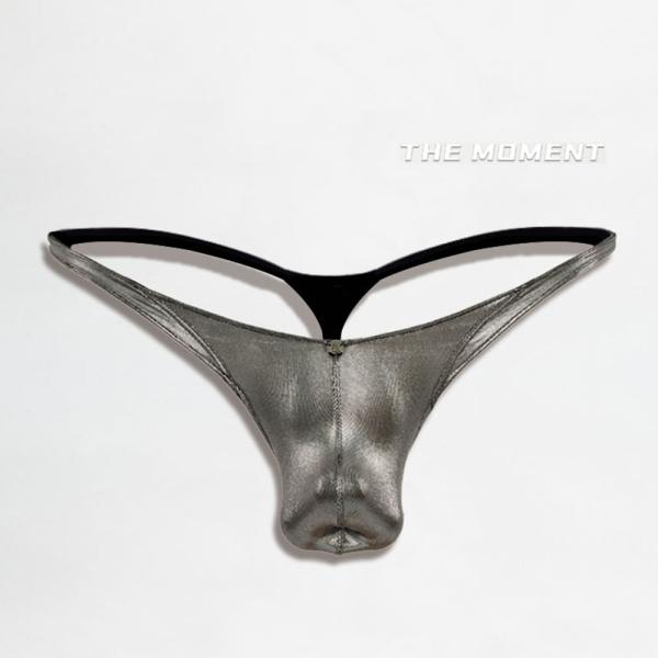 THE MOMENT メンズ Tバック メタリック 光沢 極薄 セクシー メンズ下着 男性用 ローライズ 立体ポーチ ストレッチ 高級感