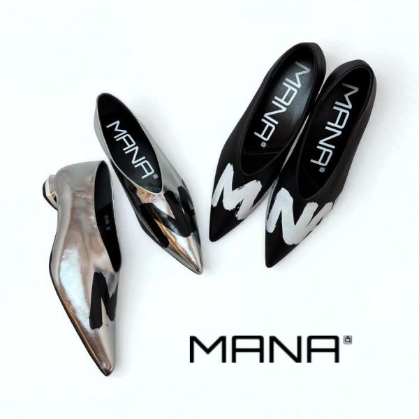 お値下げ山羊革MANA本革カットワークミュール36サイズ未使用 MANA 2025秋冬新作 マナ パンプス ロゴ ポインテッド トゥ 本革
