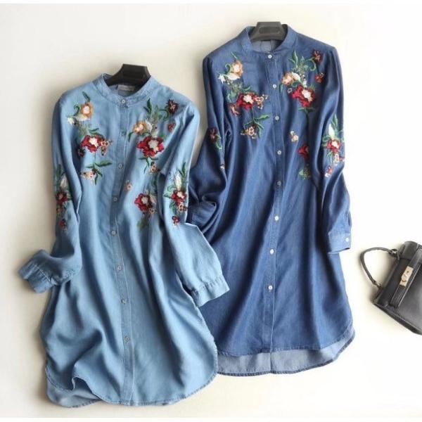 チュニック カーディガン ワインピース 刺繍 デニム 長袖 薄手 2way シャツ ブラウス トップス レディース 春 花柄 ボタン Free 前開き 体型カバー ブルー Buyee Buyee บร การต วกลางจากญ ป น ซ อจากประเทศญ ป น