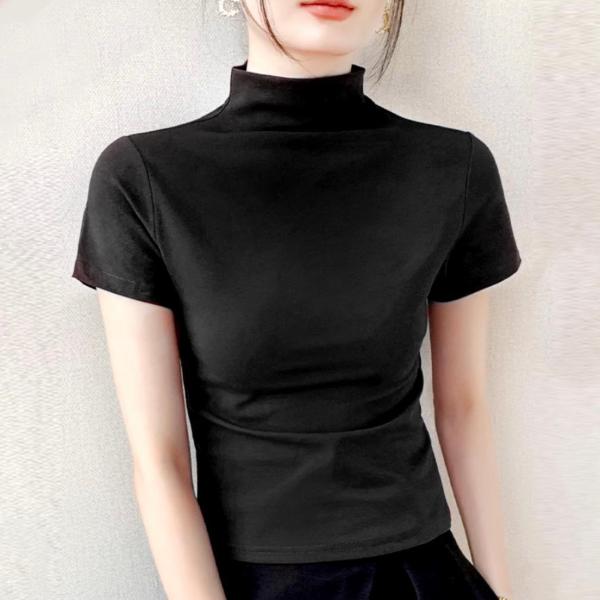 ストレッチ 半袖 モックネック Tシャツ レディース スリムフィット 軽量 ベーシック 無地 インナー 伸縮性 ソフトタッチ 春夏秋 カジュアル
