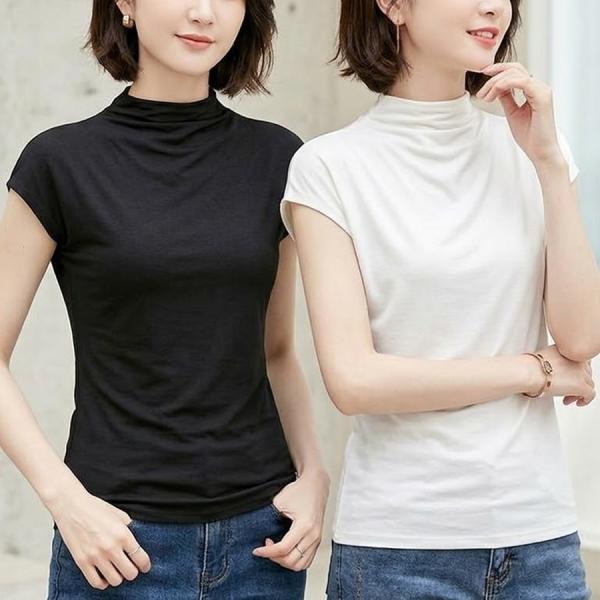 レディース Tシャツ カットソー フレンチスリーブ ノースリーブ ハイネック タートルネック 春 夏 涼しい 無地 ホワイト ブラック 白 黒 シンプル 半袖