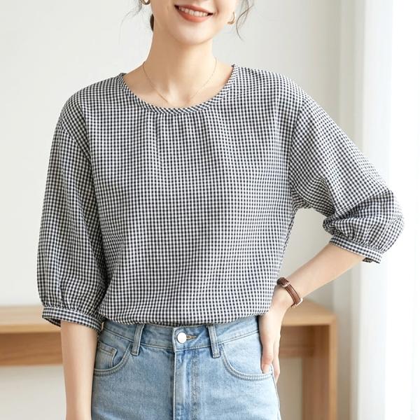 数量限定 ギンガムチェック柄ブラウス 春夏トレンド レディース 七分袖 ボリューム袖 ゆったり 大人可愛い カジュアル 体型カバー ナチュラル 涼しい