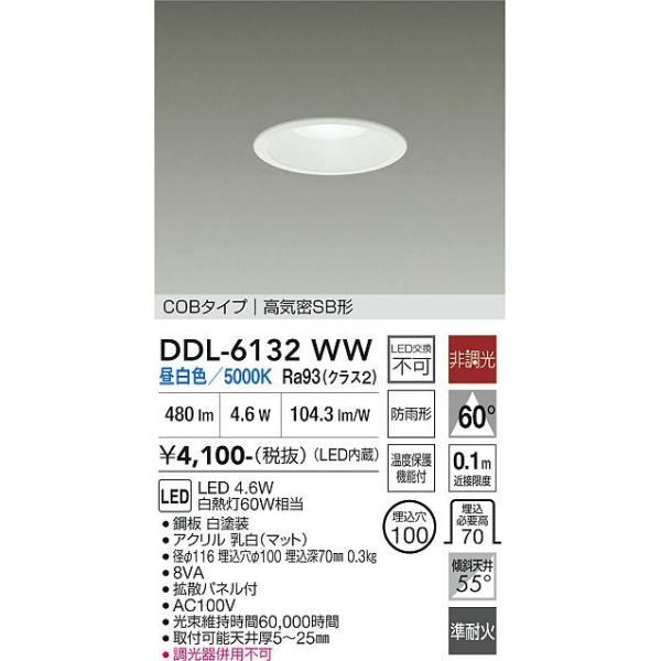 安心のメーカー保証 【送料無料】DDL-6132WW 大光電機 LED 屋外灯 ダウンライト COBタイプ 実績20年の老舗
