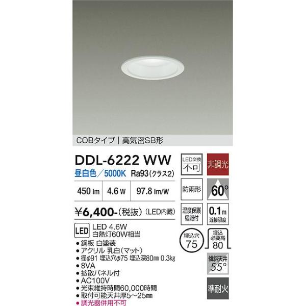 安心のメーカー保証 【送料無料】DDL-6222WW 大光電機 LED 屋外灯 ダウンライト COBタイプ 実績20年の老舗