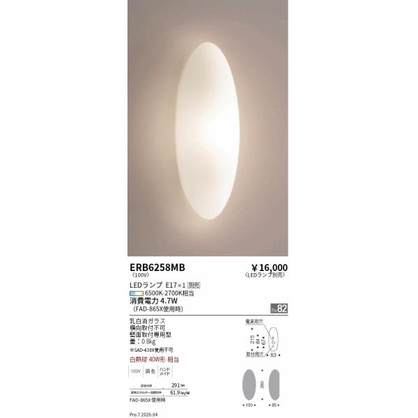 安心のメーカー保証 【インボイス対応店】ERB6258MB 遠藤照明 ブラケット 一般形 LED ランプ別売  実績20年の老舗