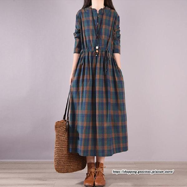 チェックワンピース 秋ワンピース ロングワンピース 長袖ワンピース レディース ワンピース 秋物 ロング丈 ゆったり チェック柄 リボン付き 長袖