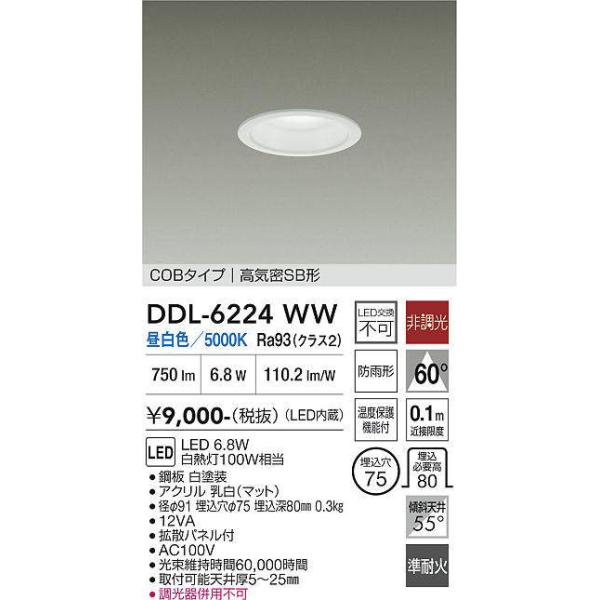 大光電機 DDL-6224WW ダウンライト 準耐火構造対応タイプ (φ75・白熱灯