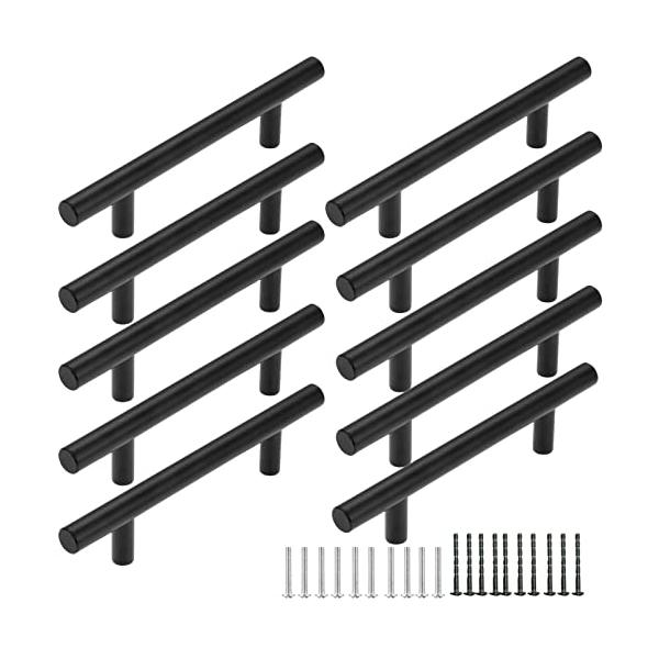 取っ手 10個 キャビネットハンドル T字ドアハンドル ブラック 引き出しハンドル 2種類ネジ付 家具の取っ手 玄関扉取手 Lemfema穴間距