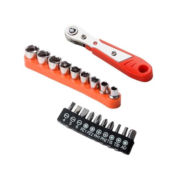 オレンジ/-/-・パッケージ内容：ラチェットレンチ1個、ドライバービット10個、マルチ六角ソケットビット9個セット。・素材：当社の磁気ドライバーは高品質のスチール製で、耐久性があり、錆びにくく、長寿命です。・精巧なメカニズム：この直角ドライ...