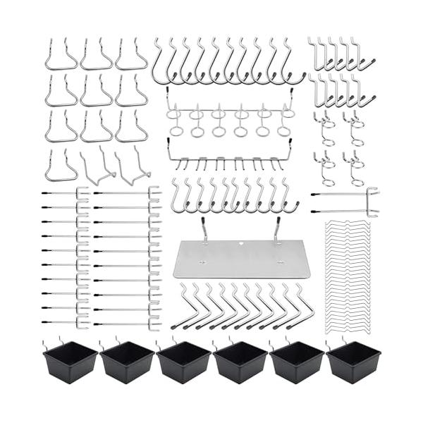 モデル2シルバー/-/yi-1・Style:モデル2・適合有孔ボード穴径5mm、穴ピッチ25mm、厚さ1mm〜2mm、フック直径3.3mm。・パッケージ内容有孔ボード用のスチール製T型フック150個セットです。 6つのパーツ収納ボックスが含...