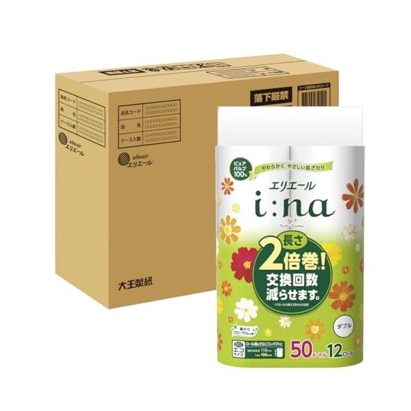 他サイト： エリエール トイレットペーパー i:naイーナ 2倍巻き 50m×36ロール12ロール×3パック ダブル パルプ100% 華やぐフローラルの香の商品画像