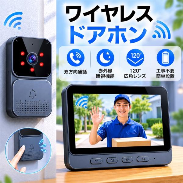 爆買 インターホン 無線 ワイヤレス ドアホン 120°広角 自動録画 カメラ付き 工事不要 双方向通話 大画面 呼び鈴 暗視 USB充電 省エネ 家 玄関防犯対策 子供