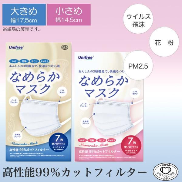 unifree ユニフリー 99％カット なめらかマスク 7枚入(ふつう・小さめサイズ） 不織布・マスク・普通サイズ・7枚・使い捨て・ソフト・3層構造 ・ウイルス対策